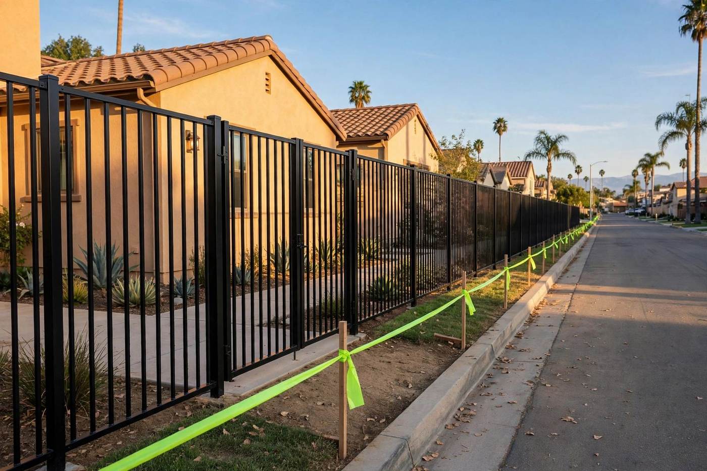 A new black iron fence line running down a Santa Ana street, with lime surveyor flagging tape marking the property line