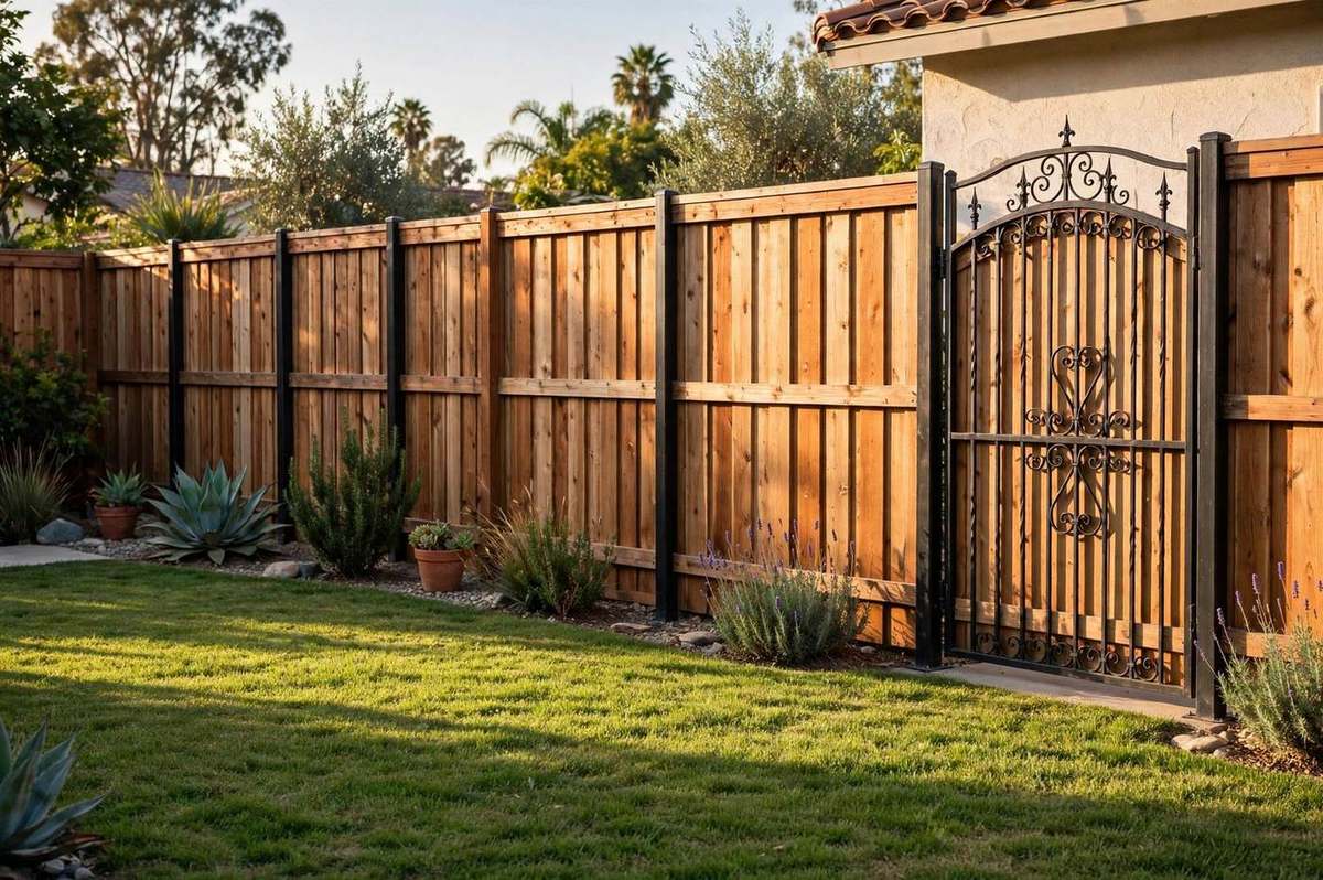 A cedar wood privacy fence with steel posts and an ornamental wrought iron gate in a sunny backyard